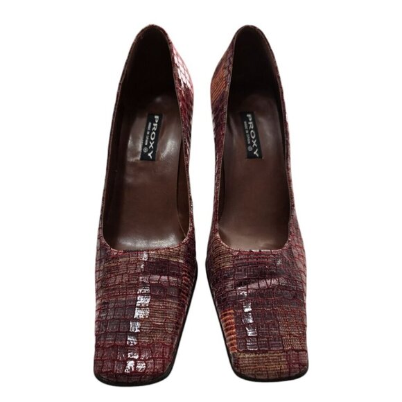 Proxy Vintage Burgundy Croc Print Square Toe Heels Sz 7N - Picture 3 of 10